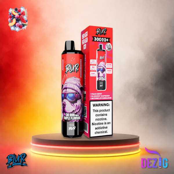 Blur 30K Peach Berry Blueberry Raspberry Watermelon Bubblegum Einweg Vape mit 30000 Zügen und fruchtigem Mix aus Pfirsich-Beere, Blaubeere-Himbeere und Wassermelonen-Kaugummi.