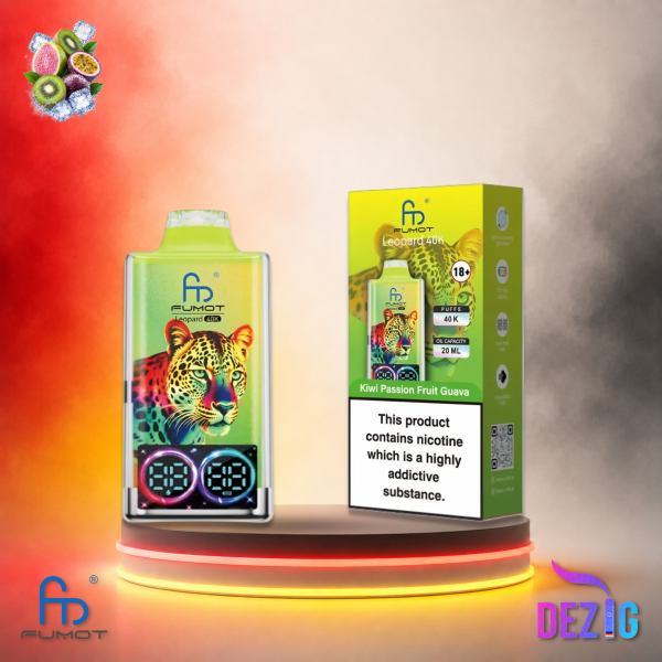 Fumot Leopard 40K Kiwi Passion Fruit Guava Einweg Vape mit Kiwi-Passionsfrucht-Guave-Geschmack und 40000 Zügen.