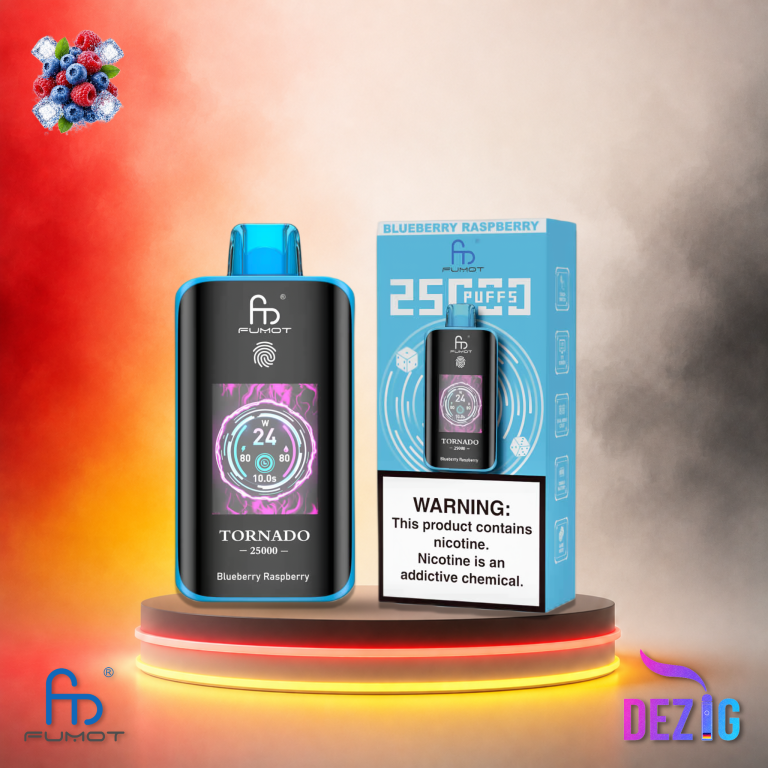Fumot Tornado 25K Blueberry Raspberry Einweg Vape mit Blaubeer-Himbeer-Geschmack und 25000 Zügen.