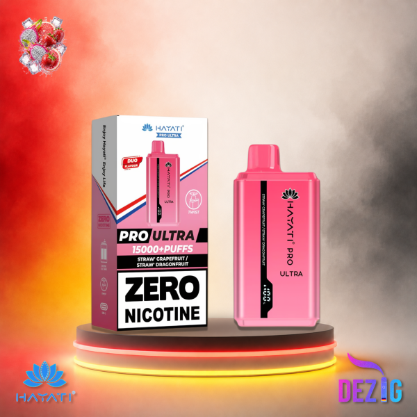 Hayati Pro Ultra 15K Straw Grapefruit Straw Dragonfruit Einweg Vape mit 15000 Zügen, nikotinfrei, und fruchtigem Erdbeer-Grapefruit- sowie Erdbeer-Dragonfruit-Geschmack.