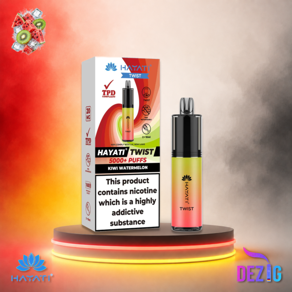 Hayati Twist 5K Kiwi Watermelon Einweg Vape mit Kiwi-Wassermelonen-Geschmack und 5000 Zügen.