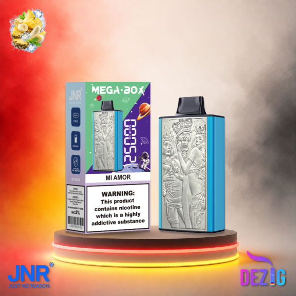 JNR Mega Box 25K Mi Amor Einweg Vape mit 25000 Zügen und exotisch-fruchtigem Mi Amor Geschmack.