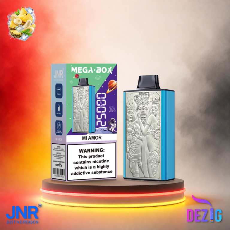JNR Mega Box 25K Mi Amor Einweg Vape mit 25000 Zügen und exotisch-fruchtigem Mi Amor Geschmack.