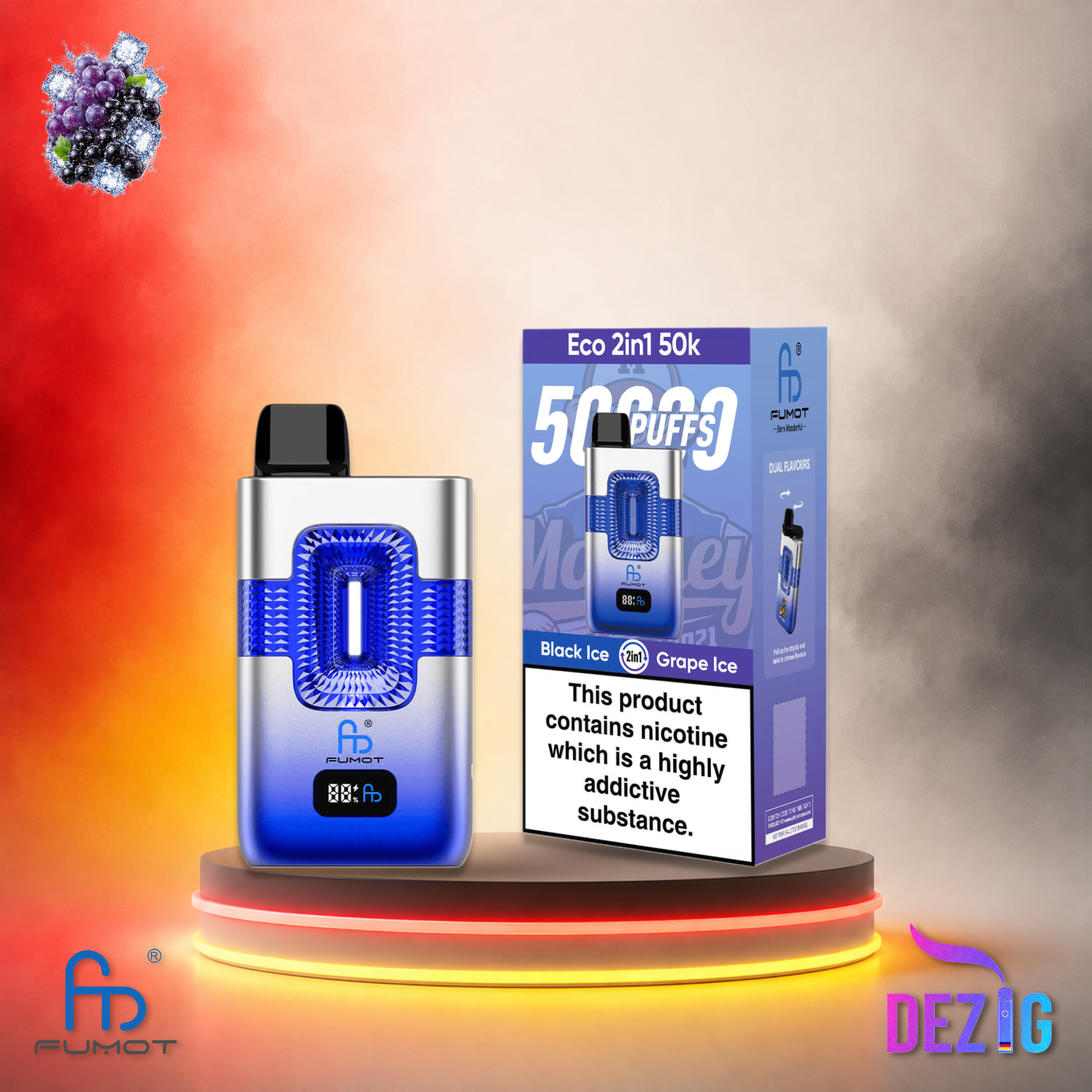 Fumot ECO 2in1 50K Black Ice Grape Ice Einweg Vape mit Black-Ice- und Trauben-Ice-Geschmack und 50000 Zügen.