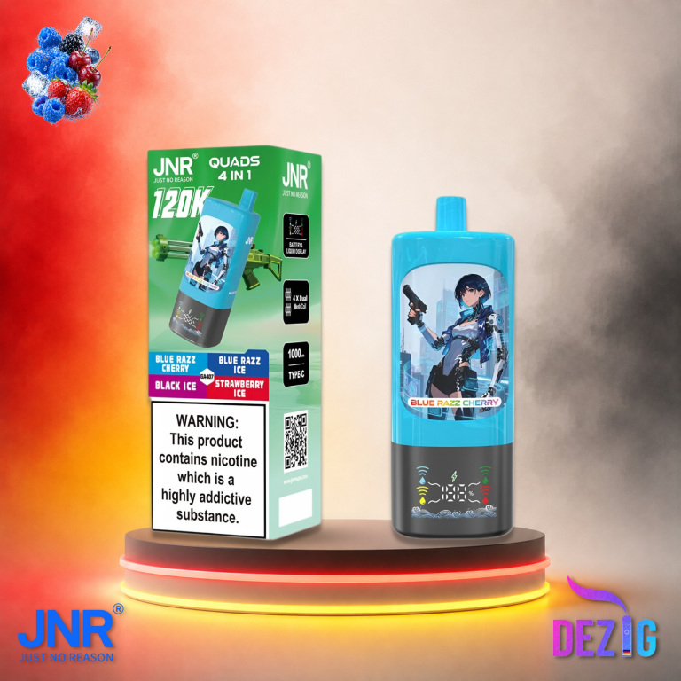 JNR Quads 4in1 120K Blue Razz Cherry, Blue Razz Ice, Black Ice und Strawberry Ice Einweg Vape mit 120000 Zügen.