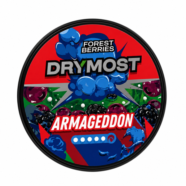 DRYMOST Armageddon Snus Nikotinbeutel in der Dose mit 22 Beuteln und 30mg Nikotin.