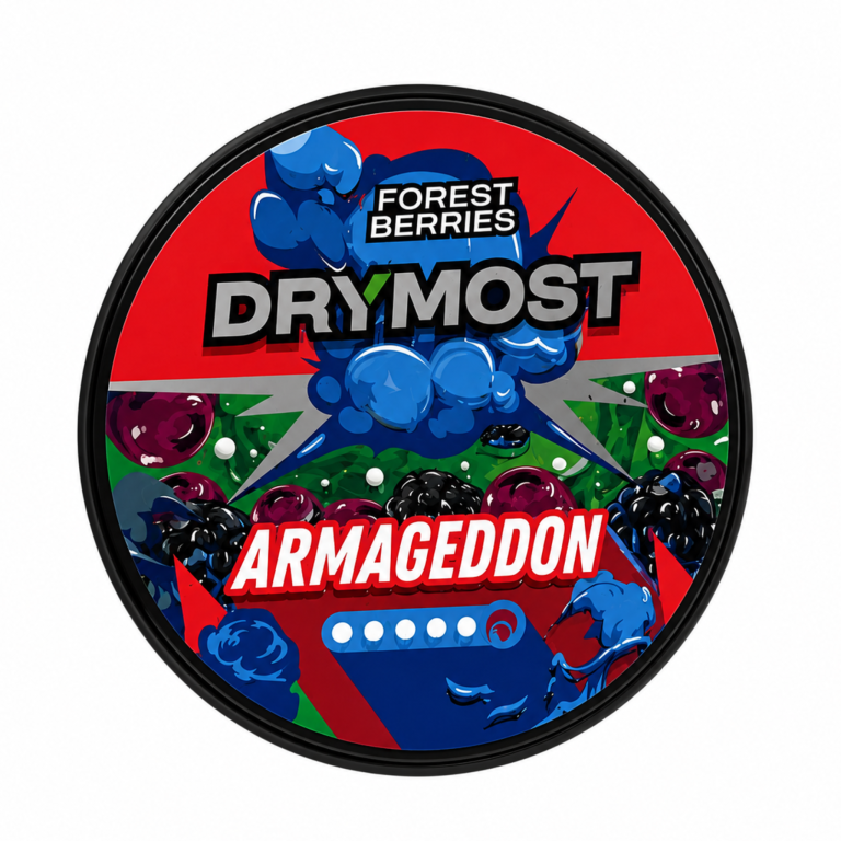 DRYMOST Armageddon Snus Nikotinbeutel in der Dose mit 22 Beuteln und 30mg Nikotin.