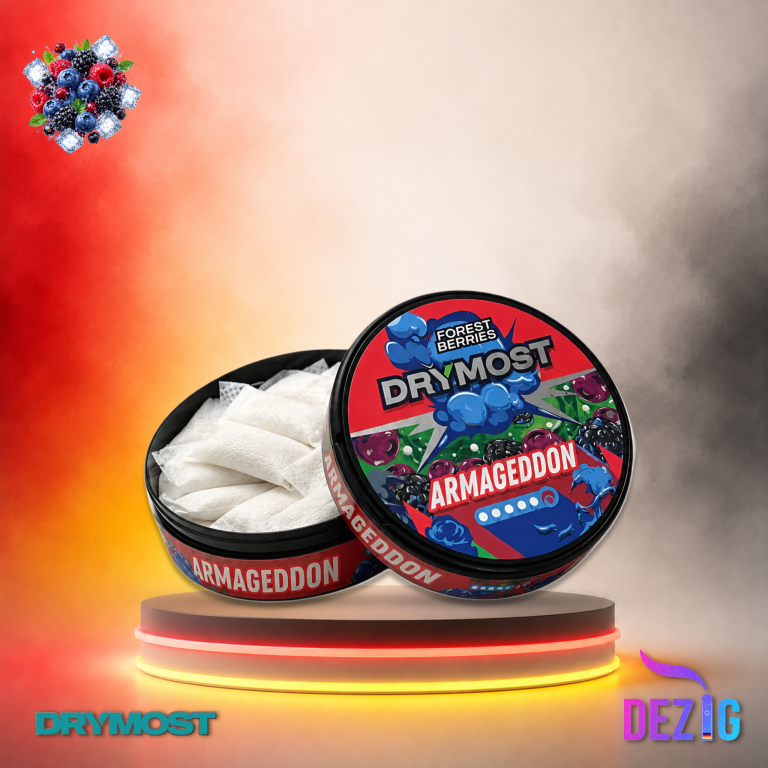 DRYMOST Armageddon Forest Berries Snus Nikotinbeutel in der Dose mit Waldbeeren-Geschmack, 22 Beuteln und 30mg Nikotin.
