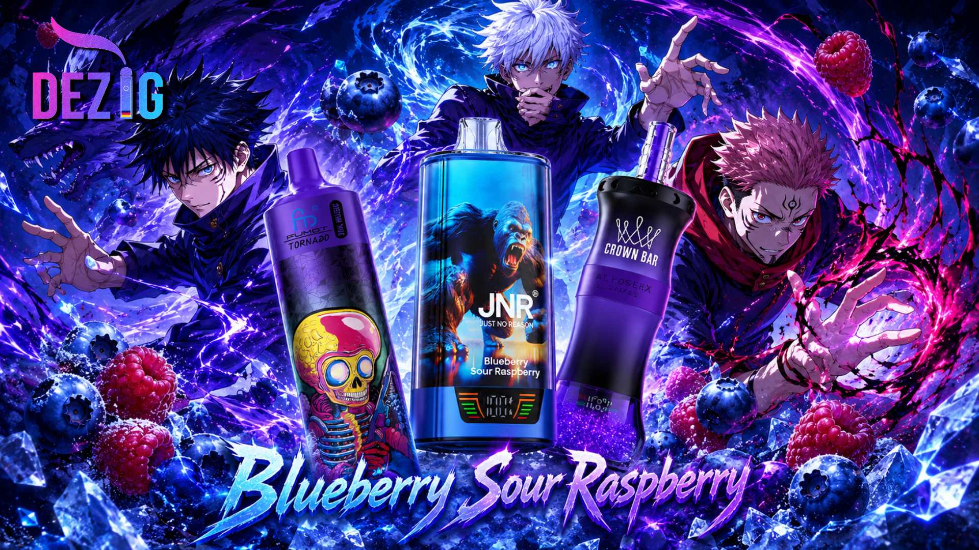 Blueberry Sour Raspberry Geschmack mit JNR RageGorilla 55K, Fumot Tornado Music 30K und Al Fakher Crown Bar E-Hose X 60K Einweg Vapes von DEZIG