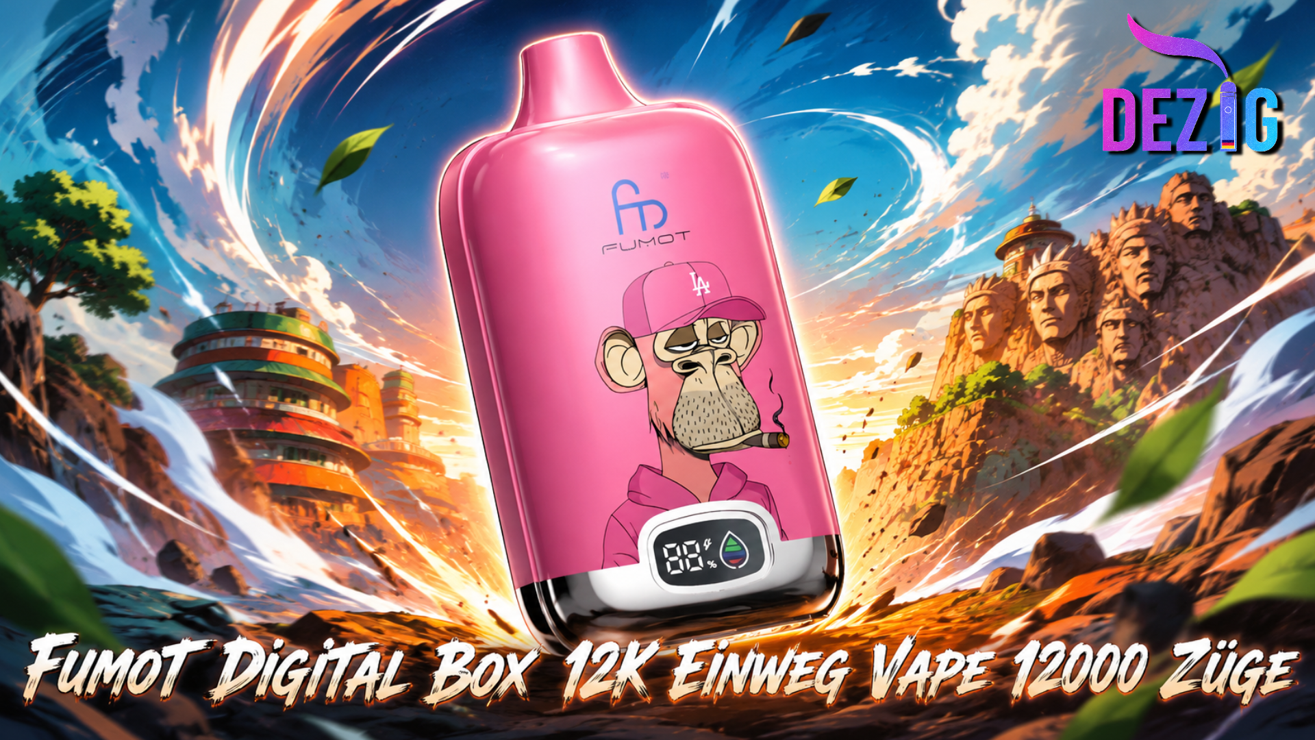 Fumot Digital Box 12K Einweg Vape 12000 Züge mit modernem Design auf dunklem digitalen Hintergrund für DEZIG
