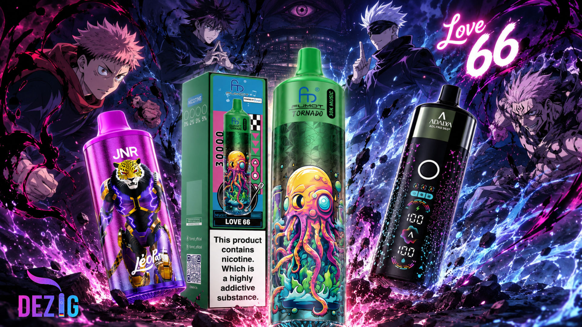 Love 66 Geschmack in JNR Leopard 40K, Adalya ADL PRO 360 und Fumot Tornado 30K Einweg Vapes