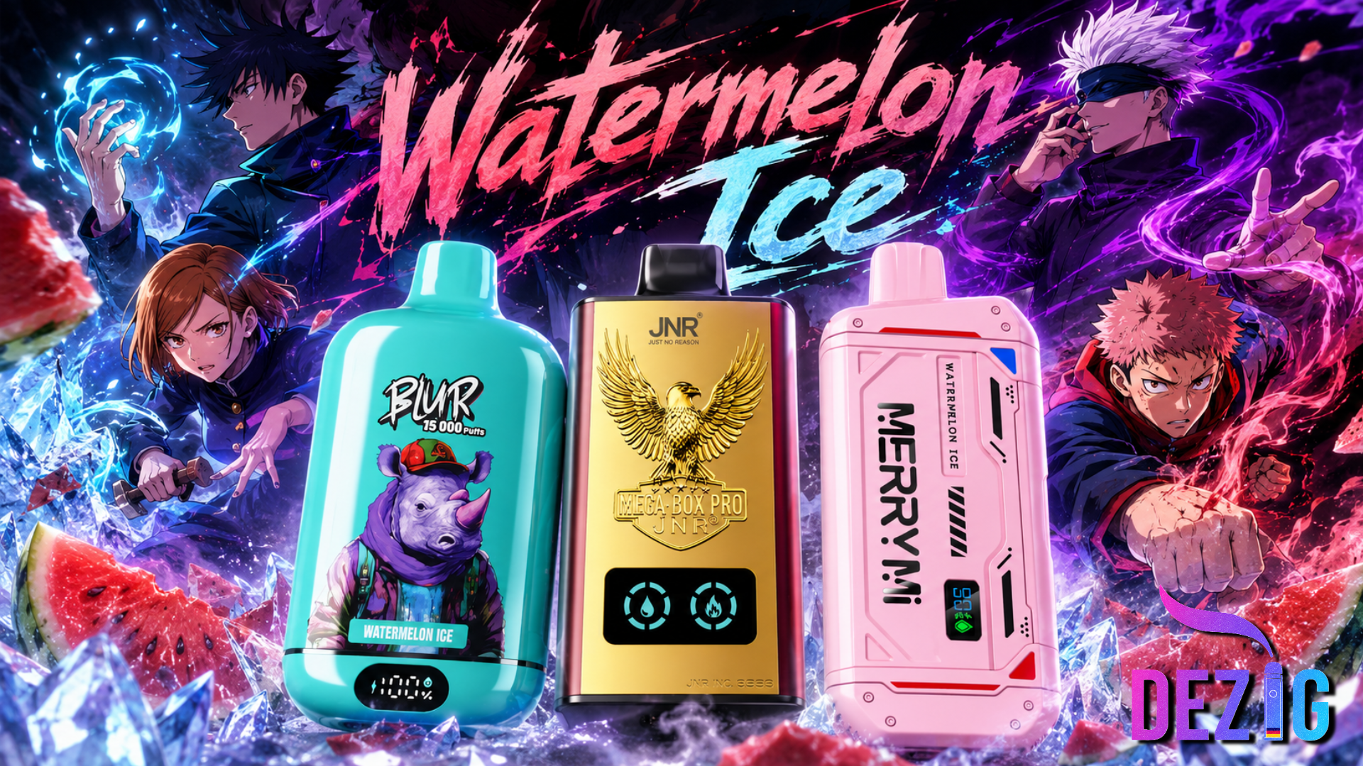 Watermelon Ice Einweg Vapes mit frischer Wassermelone, Eiswürfeln und DEZIG Produkten