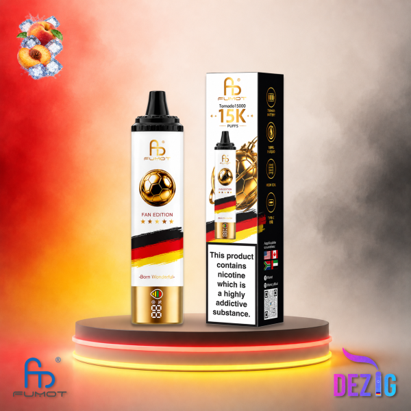 Fumot Tornado Fan Edition 15K Peach Ice Einweg Vape mit Pfirsich-Ice-Geschmack und 15000 Zügen.