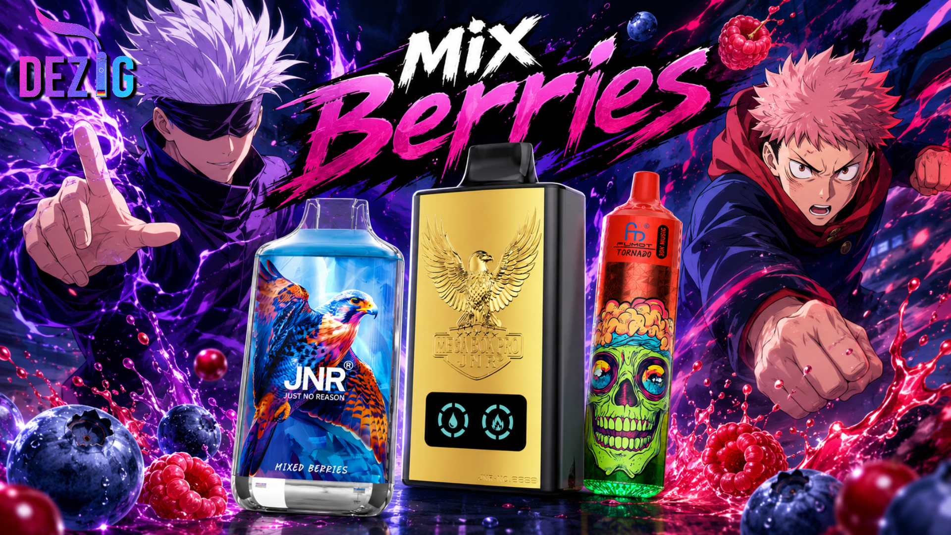 Mixed Berry flavor with JNR Mega Box Pro 50K, JNR Falcon 16K, and Fumot Tornado Music 30K