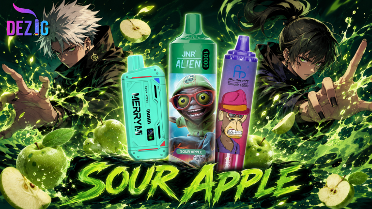 Sour Apple disposable vapes from JNR, Fumot, and MerryMi with green apples