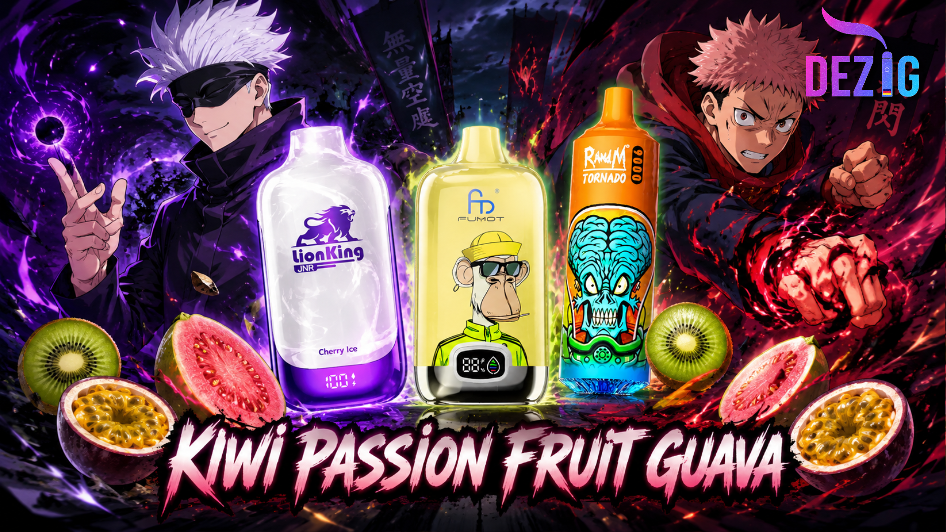 Kiwi Passion Fruit Guava Geschmack mit Fumot, RandM und JNR Einweg Vapes
