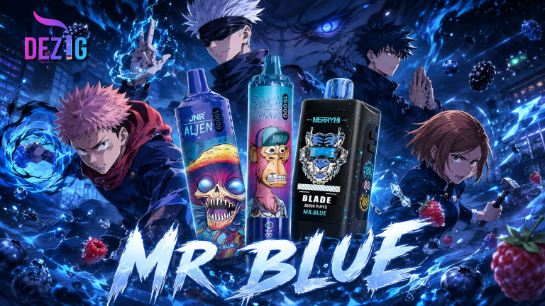 Mr Blue vape flavor with MerryMi Blade 30K, Fumot Tornado 15K and JNR Alien 10K disposable vapes at DEZIG