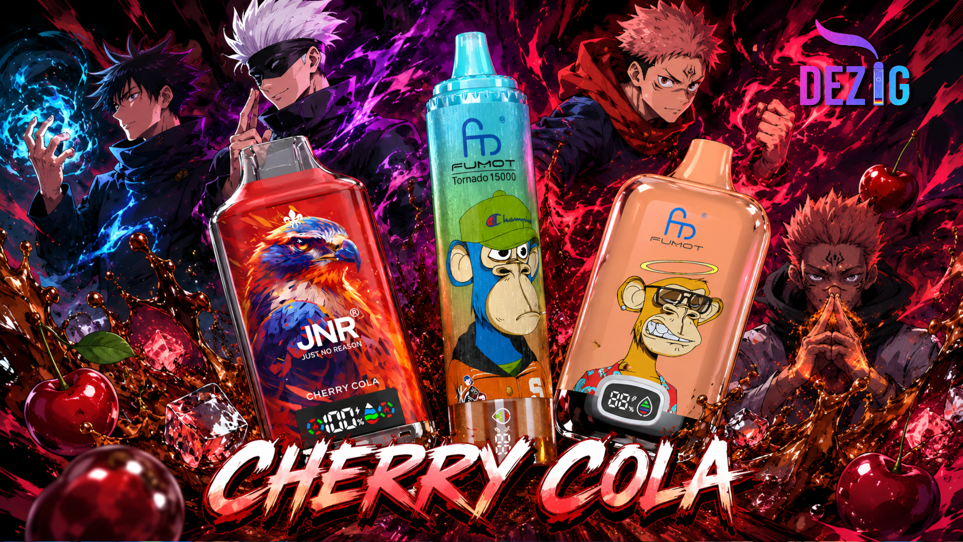 Cherry Cola vape flavour with JNR Falcon X 18K, Fumot Tornado 15K and Fumot Digital Box 12K at DEZIG